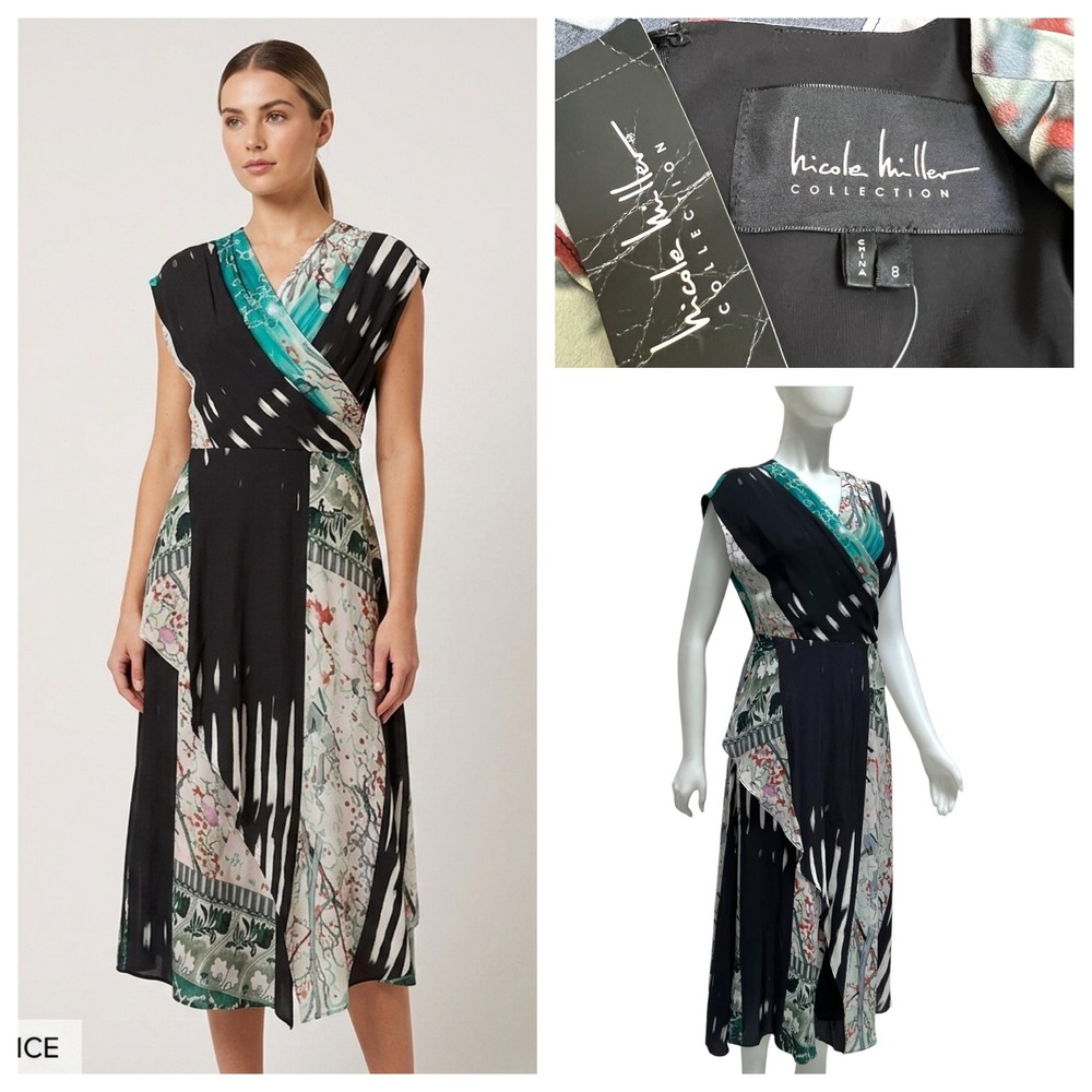 Nicole Miller Collection Silk Abstract Floral Faux Wrap Midi Dress Artsy 8 New